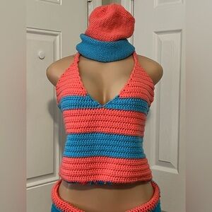 Crochet Striped Halter Top and Scarf Set